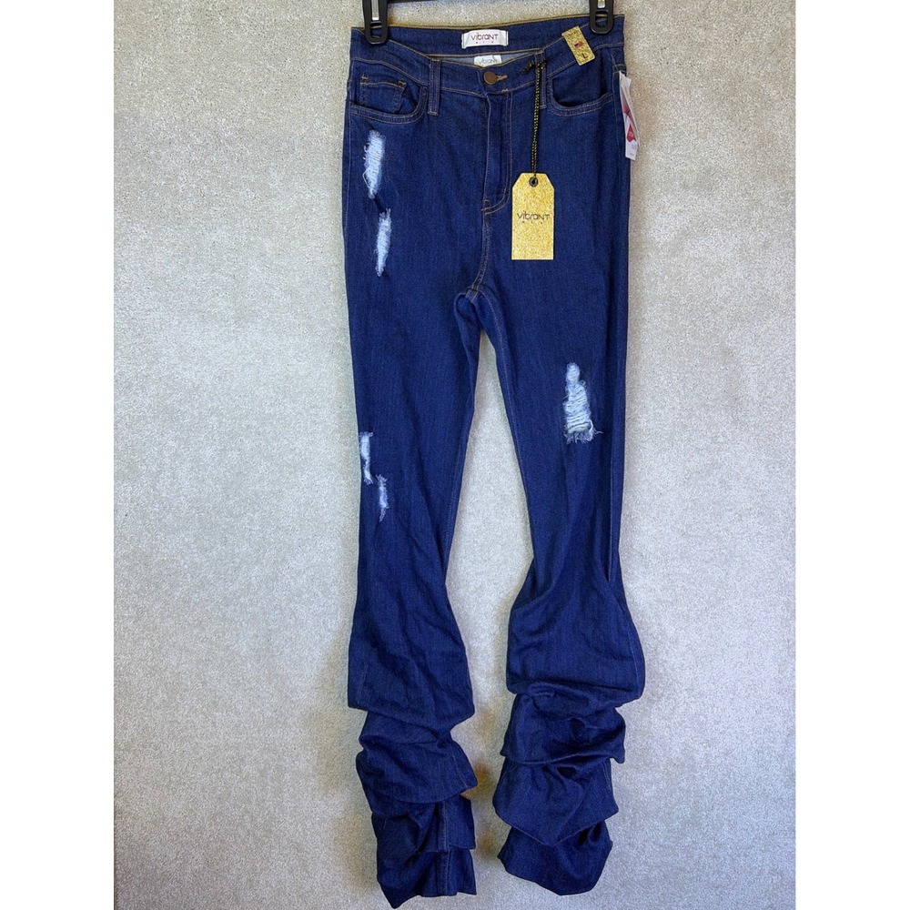 Vibrant MIU Stacked Jeans Wmn L Blue Distressed Ruffle Hem High Rise USA Made